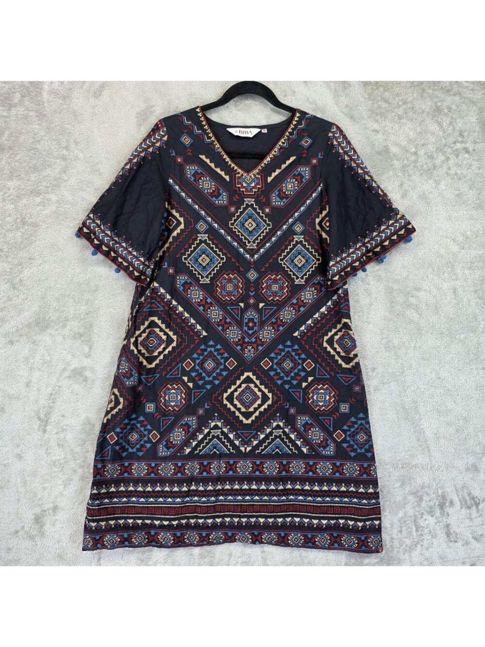 BiBA Dress Womens 34 Multicolor Geometric V Neck Kimono Sleeve Shift Knee Length